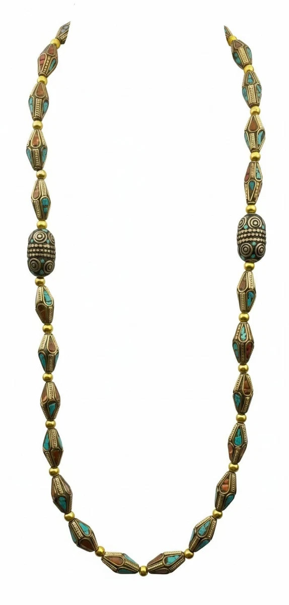 Vintage Tibetan Nepalese Turquoise Coral Inlay Beaded Necklace – Ethnic Brass