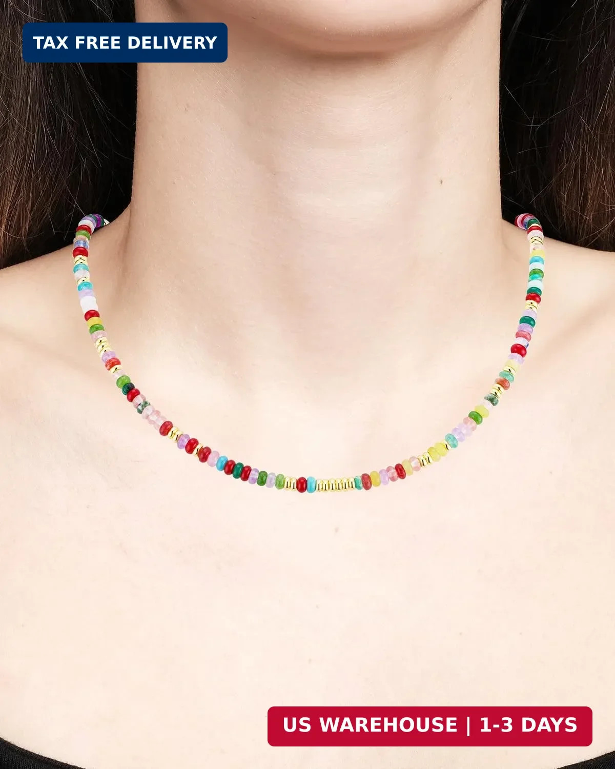 Boho Beaded Necklace for Women, Colorful Natural Stone Choker Necklace, 4MM