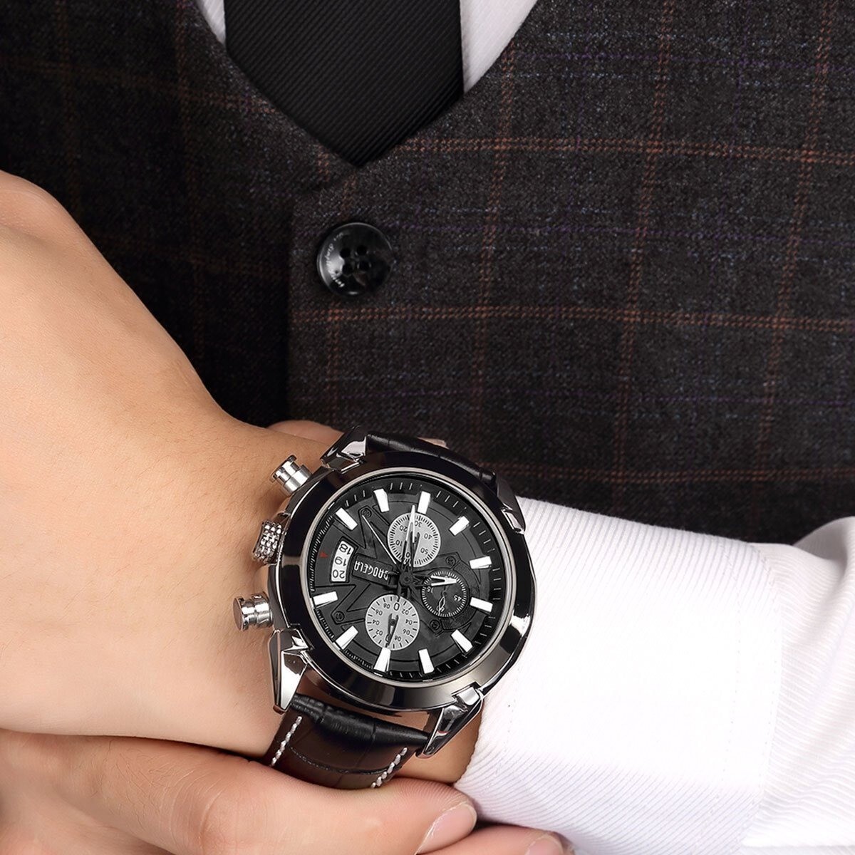 BAOGELA New Luxury Black Lather Strap Watch Waterproof Date Chronograph