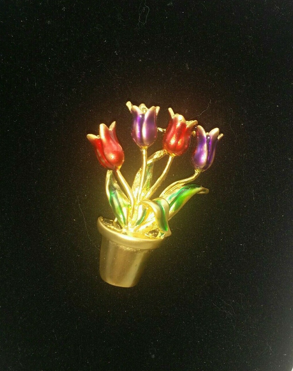 Brooch Four Tulips Red Purple Green Golden Pin
