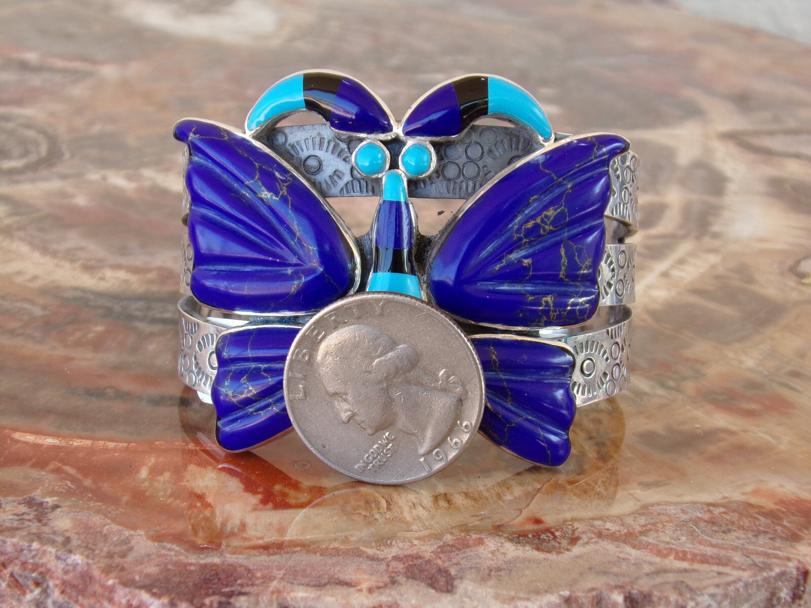FEDERICO JIMENEZ Sterling & Natural Lapis -Turquoise Butterfly Bracelet 6 3/8 In