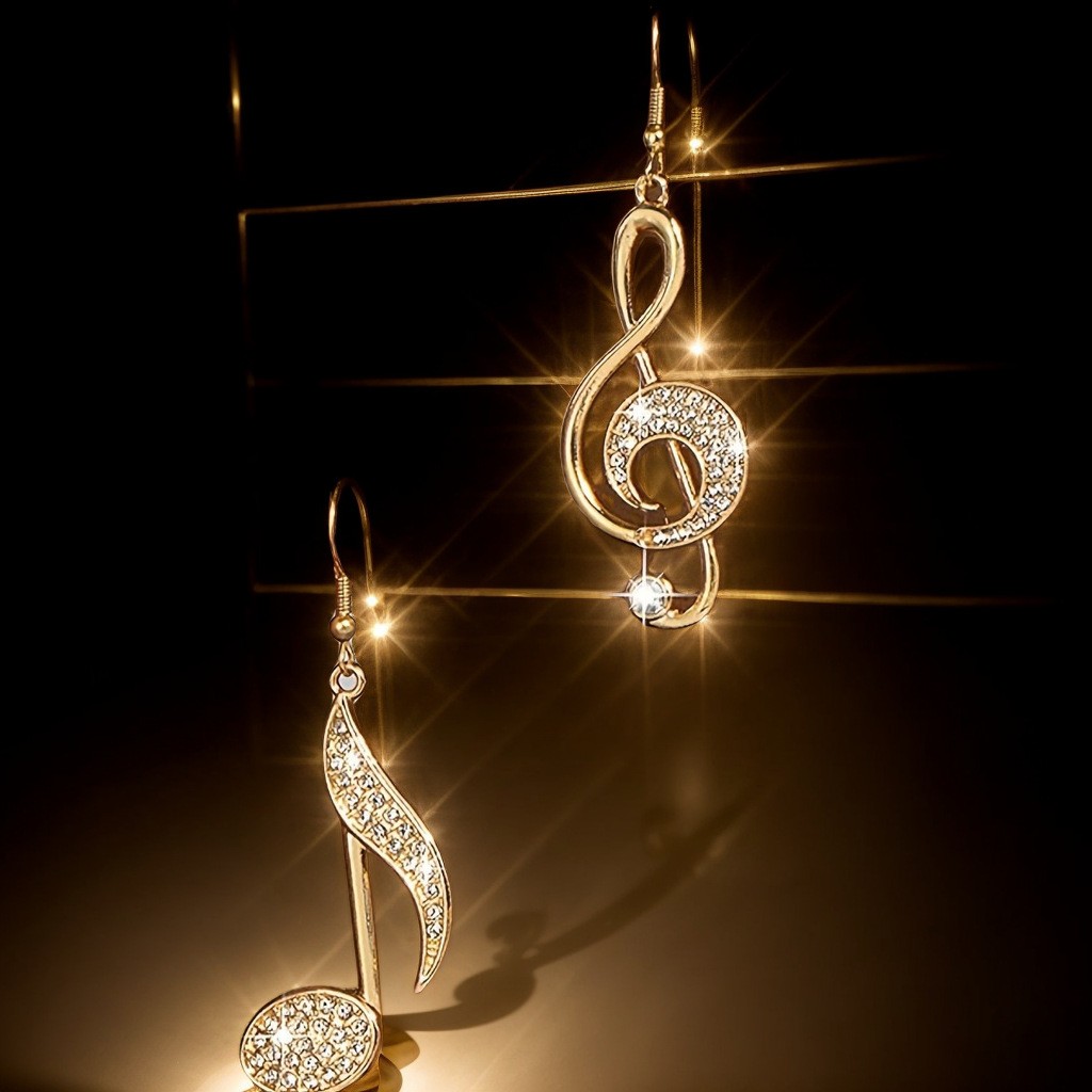 2Pcs Asymmetric Musical Note Earrings Gold Rhinestone Dangle Drop Earrings