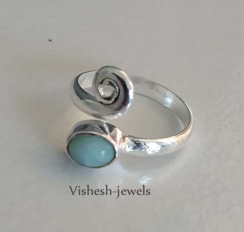 Solid 925 Sterling Silver Natural Larimar Gems Toe Ring Jewelry S US 4.5 VJ-335