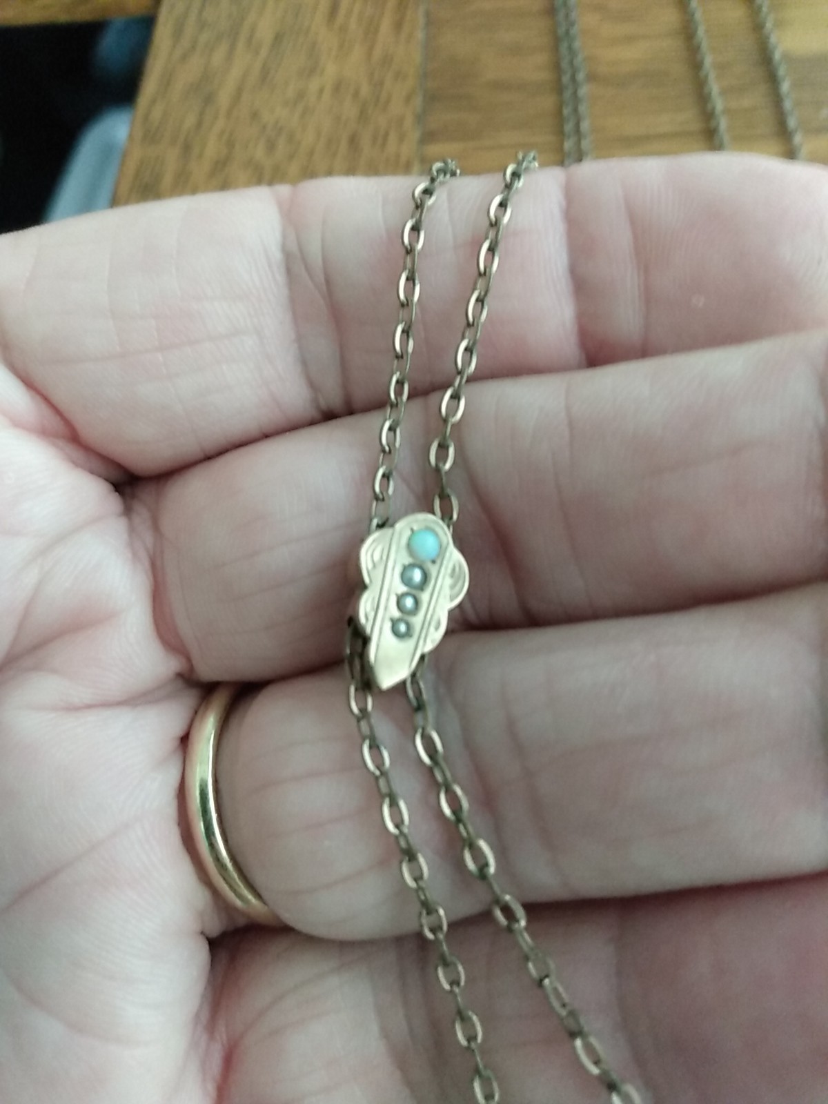 Victorian Gold Filled Slide Chain Opal & Seed Pearls Slide 48 Inches 8.8 Gram