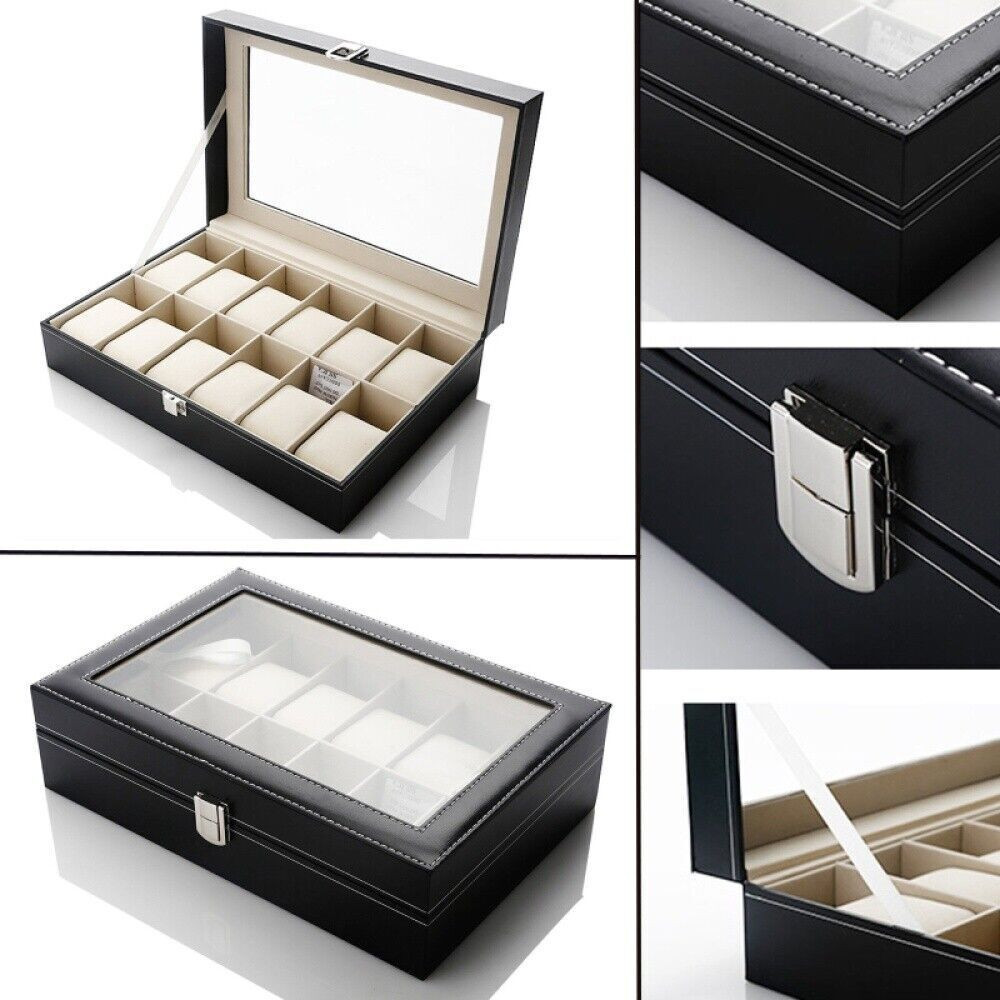 Mens Watch Box Display Case Storage Organiser PU Leather Holder Glass Top Gift