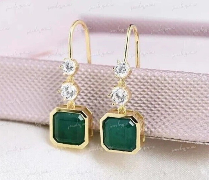 14k Solid Yellow Gold Natural Emerald Earrings Drop Dangle Emerald Earring
