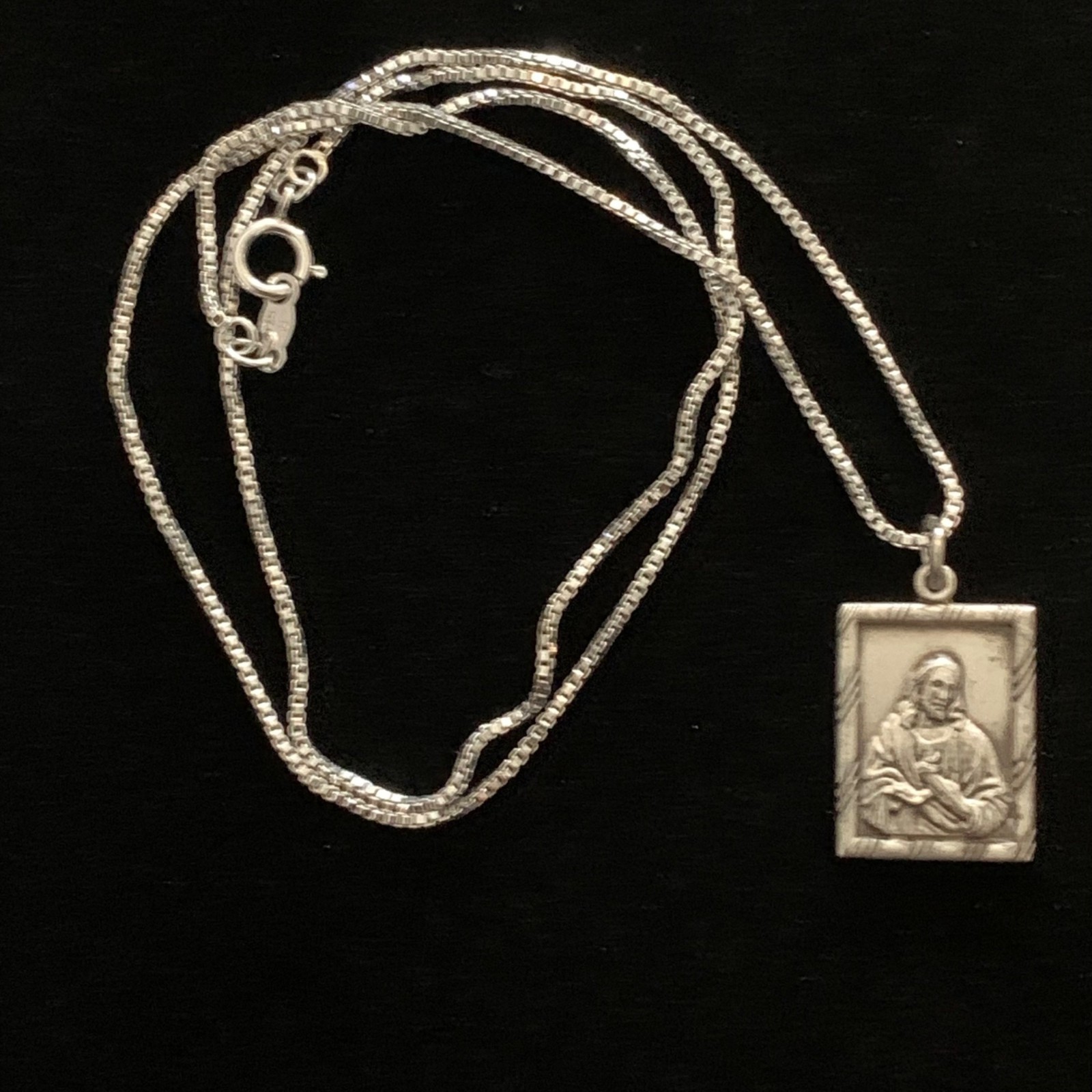 Vintage Sterling Silver Medal Pendant Necklace Sacred Heart Jesus Mary Pillar 6