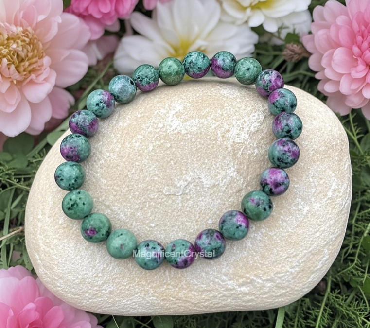 Vintage 8mm Ruby Zoisite Beads Bracelet Healing Reiki Unisex Mothers Day Gift