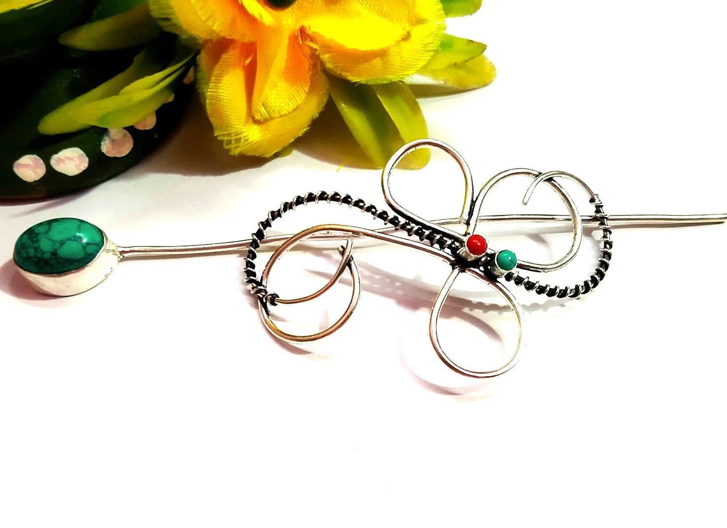 Blue Turquoise Red Coral Handmade Gemstone Hair Pin 925 Sterling Silver Jewelry