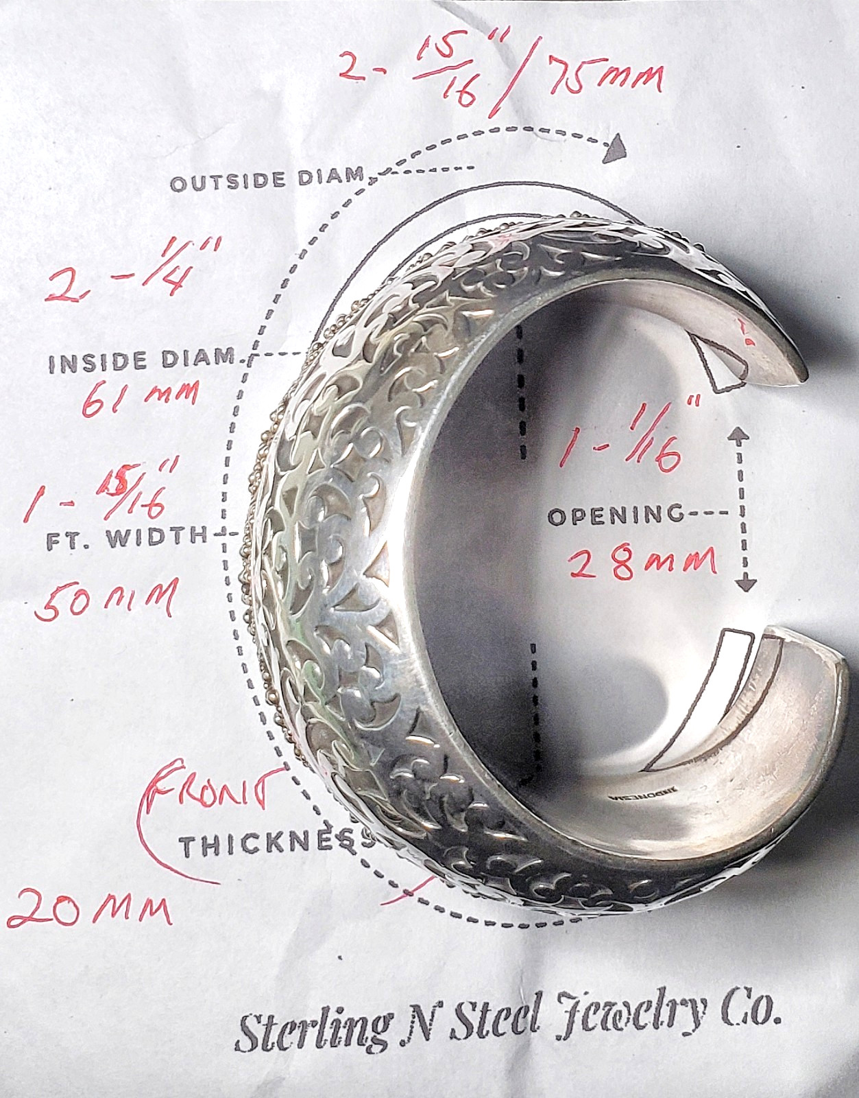 6.25″ x 50mm LOIS HILL 1033 Solid Sterling Silver Scroll Pattern Cuff. FLAWLESS!