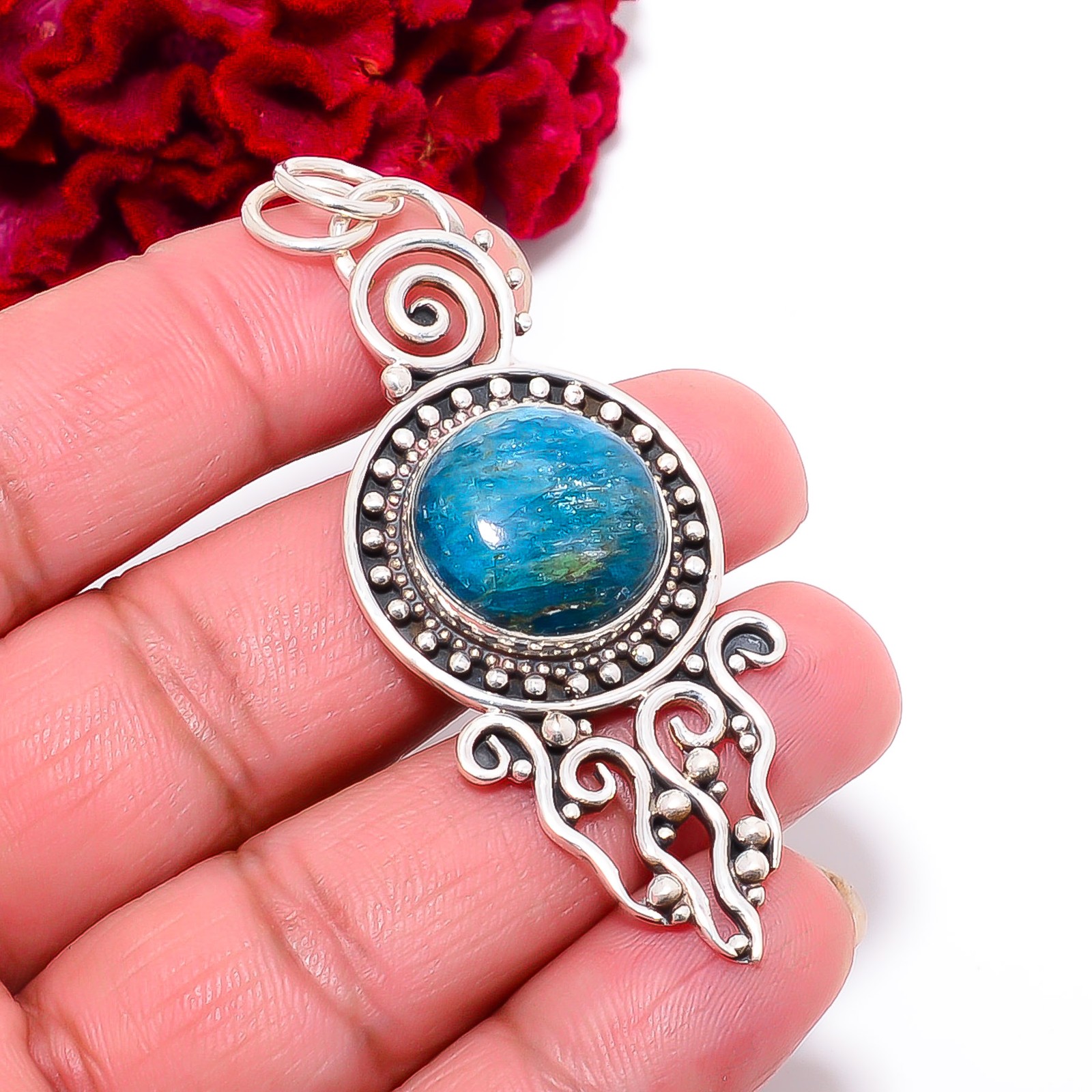 Neon Blue Apatite – Bahia Mines Handmade 925 Sterling Silver Pendant 2.38″ P6713