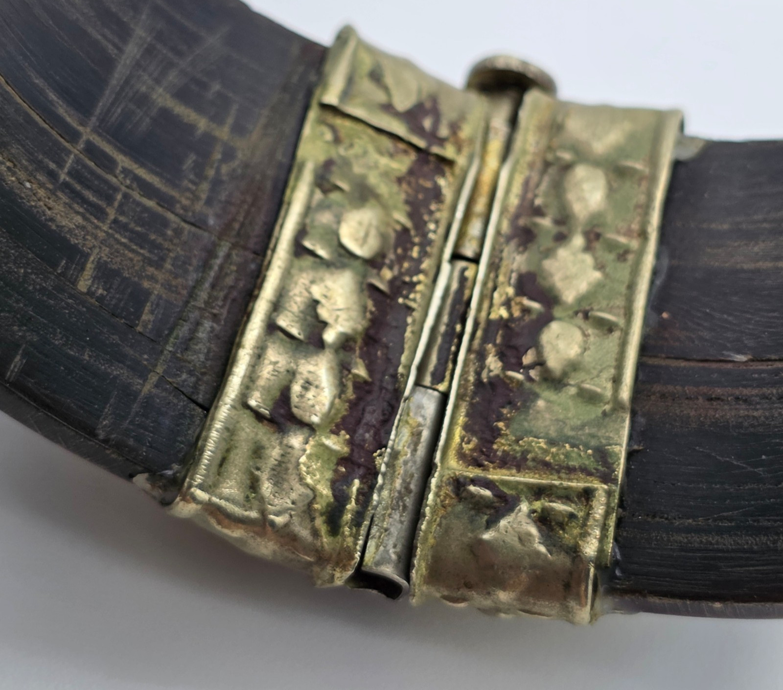 Black Horn Bone Inlay Brass Hinged Pin Clasp Wide Bangle Bracelet India Vintage