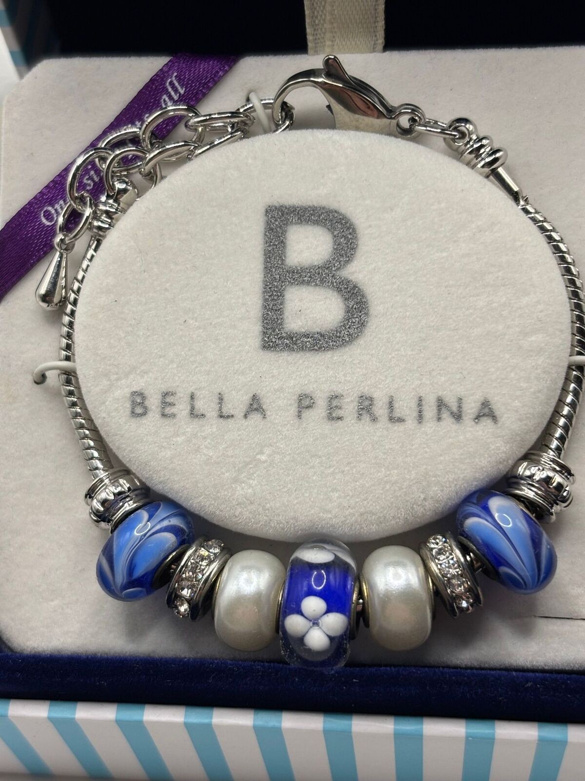 Bella Perlina Glass Faux Pearl Rhinestone Beaded Charm Bracelet