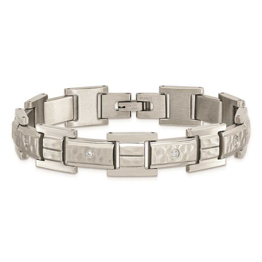Stainless Steel Brushed Polished and Hammered w/CZ 8.5 in Bracelet