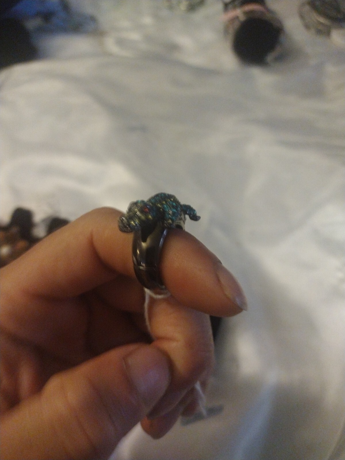 OPC Green Rhinestone Elastic Band Lizard Crocodile Ring Costume Jewelry EUC