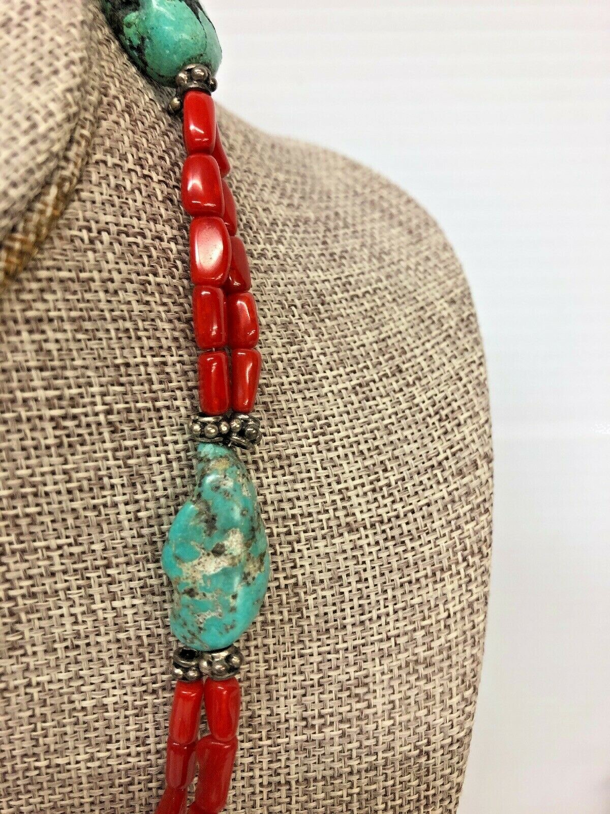 Sterling Silver Natural Beads Turquoise, Coral Necklace 19 1/2 inches