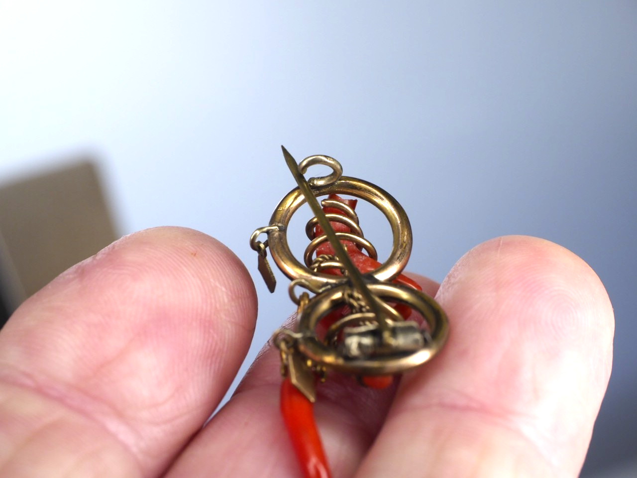 Antique double love knot brooch coral branch pin with dangles C-clasp jewelry