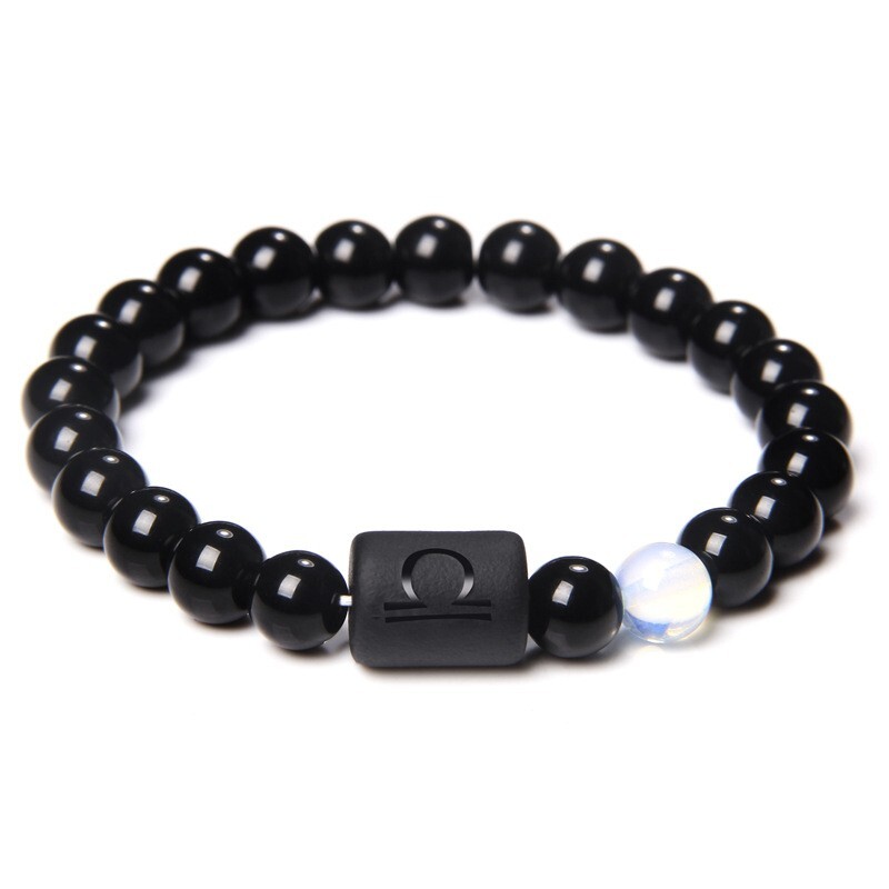 Zodiac Sign Natural Black Stone Beaded Elastic Stylish Bracelet Astrological