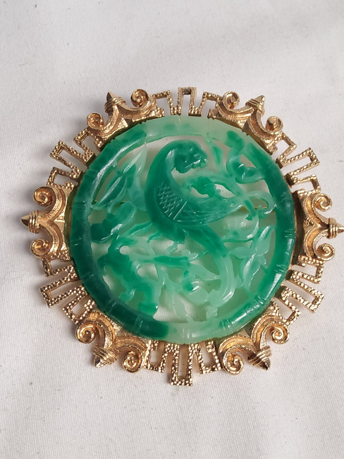 ANTIQUE RARE VENDOME EARLY 1960’s HUGE ASIAN FAUX JADE PHOENIX BROOCH PIN 3″