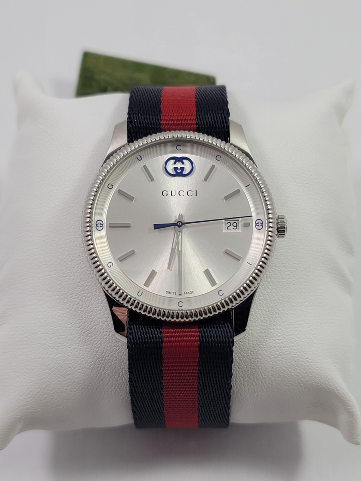 Gucci G-Timeless SWISS Quartz Silver Dial Blue Red Nylon Strap Watch YA1264237