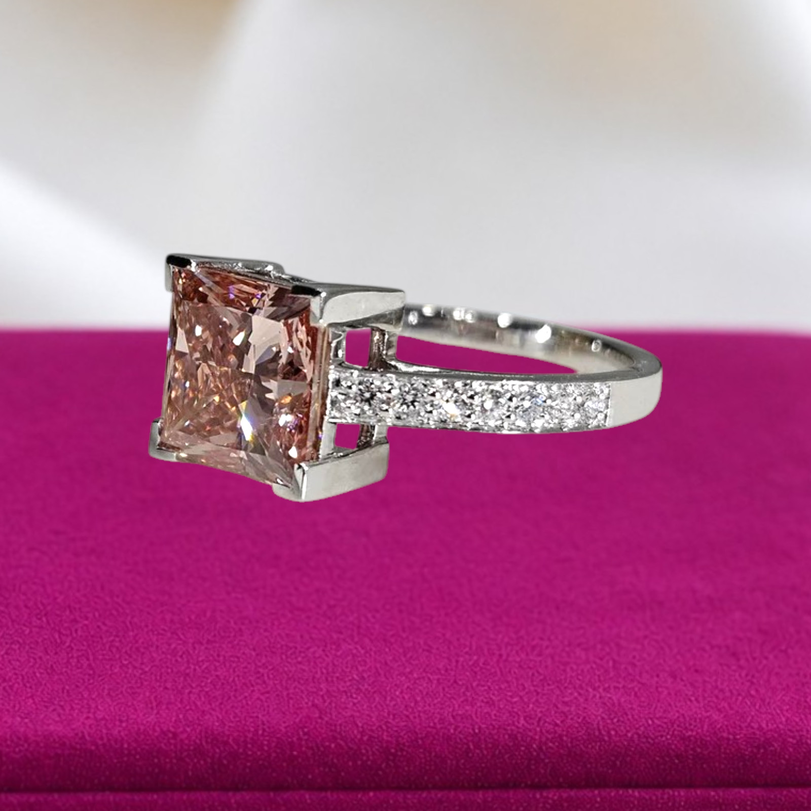 3.20 Ct Fancy Vivid Pink Princess Cut IGI Lab Grown Diamond Ring 14k White Gold