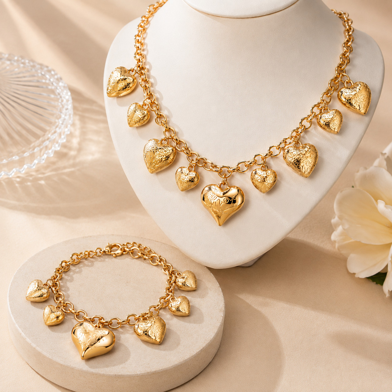 Rose LOVE Heart Necklace & Bracelet Set for Women Retro Romantic Valentine’s y8