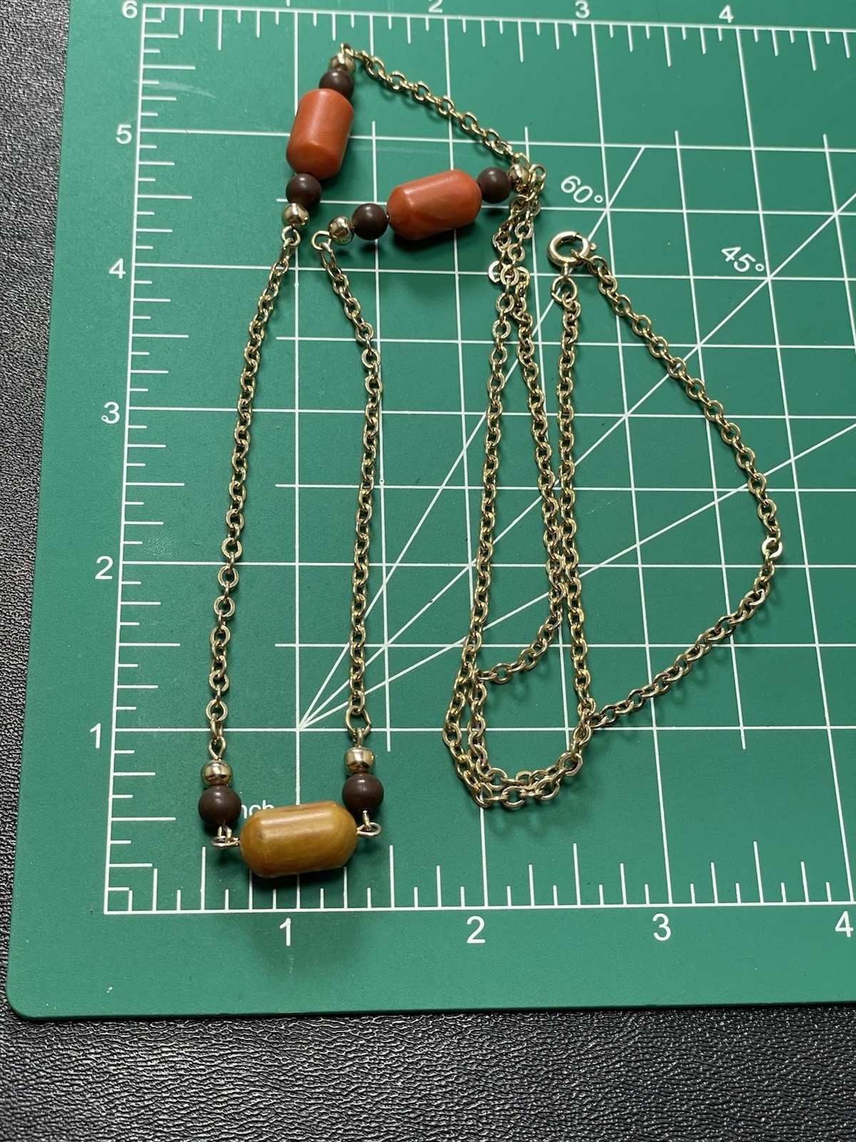 Vintage Retro 32” Orange & Brown Lucite Beaded Gold Tone Chain Necklace