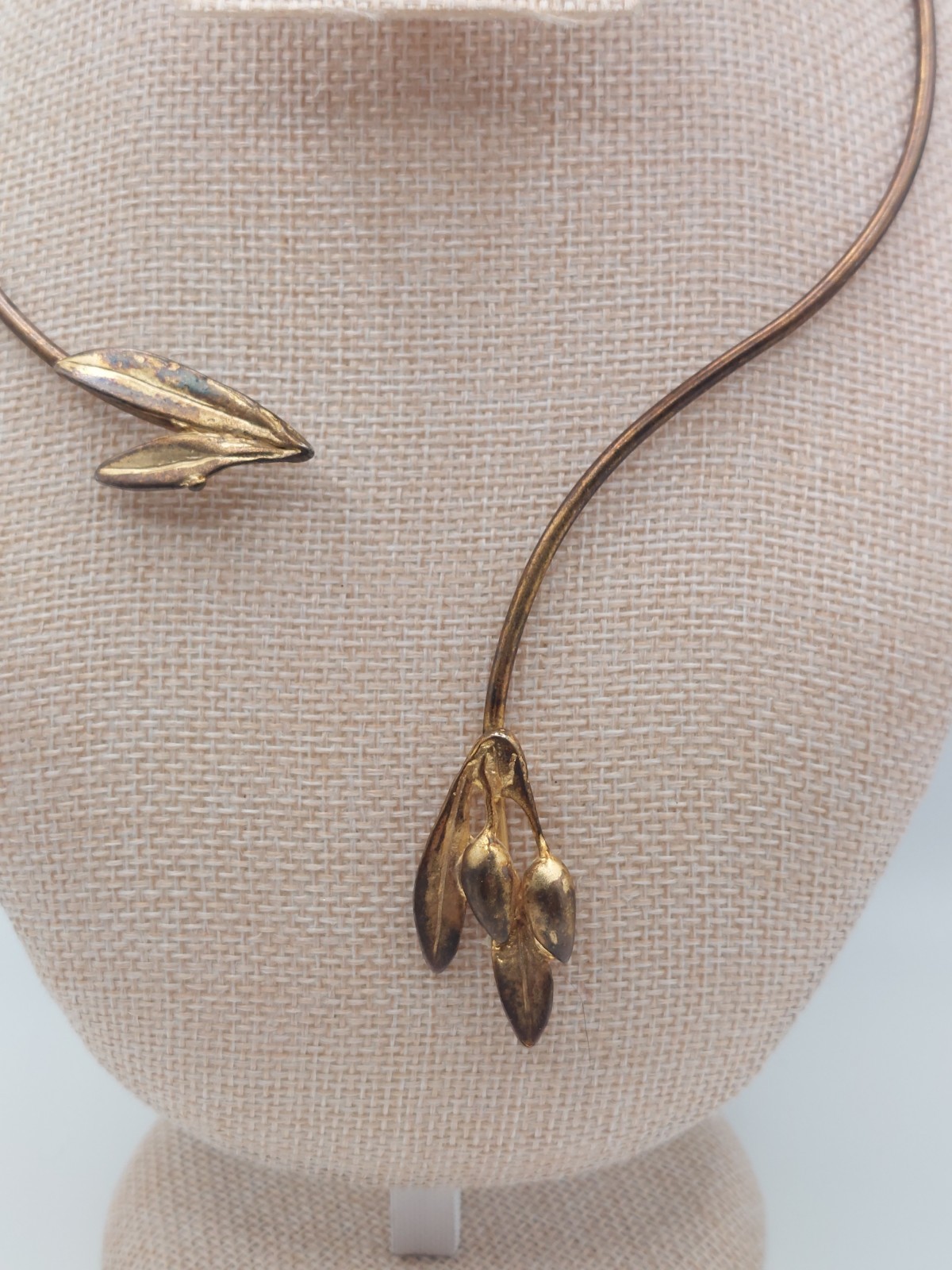 Open Front Gold Torque Collar Necklace Vintage Leaf Earthy Boho Nature Romantic