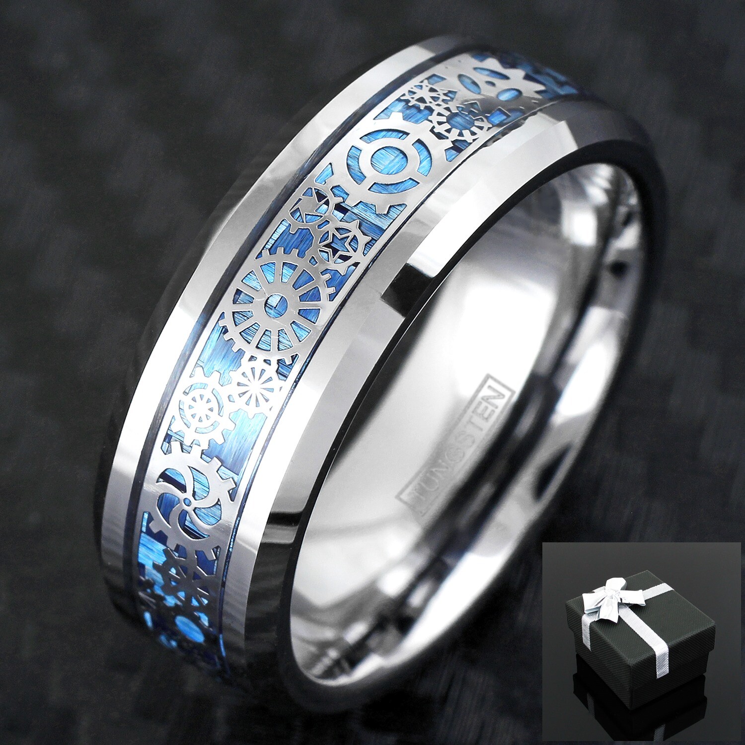 8mm Tungsten Steampunk Clockwork Gears Blue Carbon Fiber Wedding Band Ring