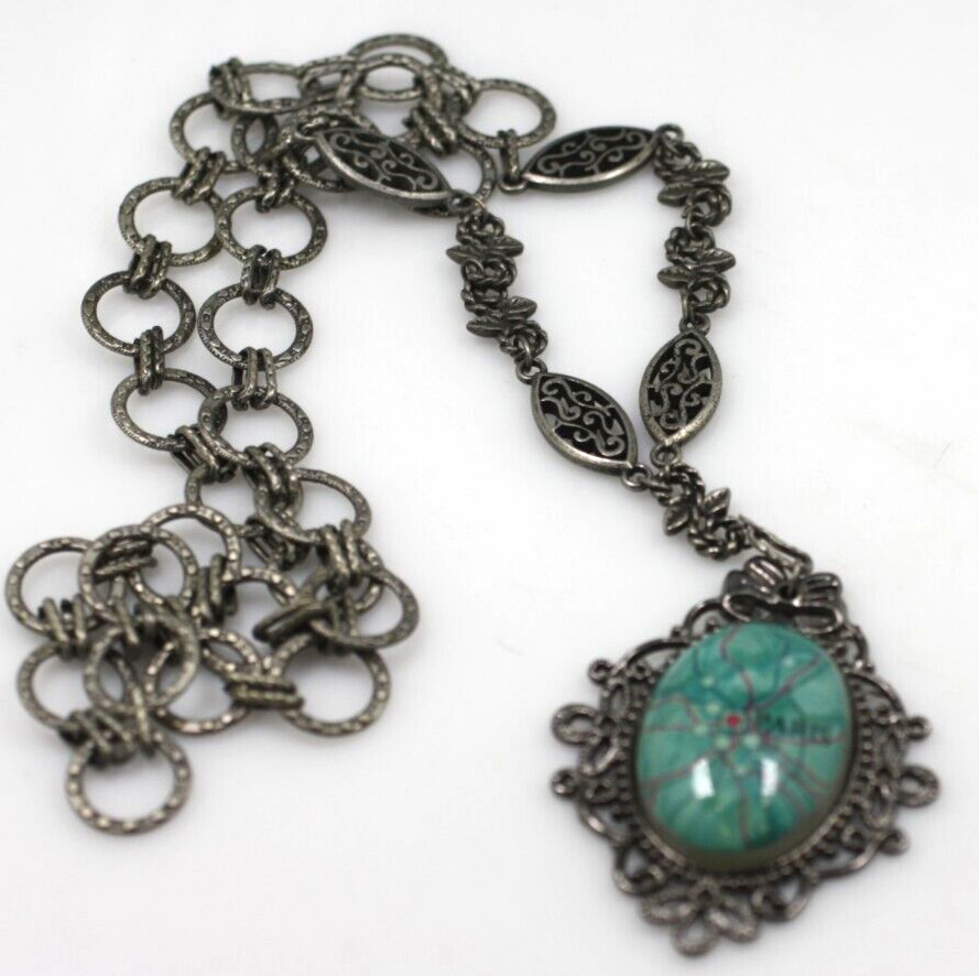 Paris France map travel antiqued silver tone round link chain necklace 24″ long