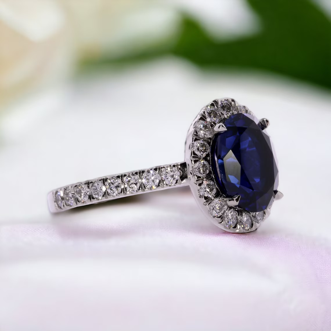 2.90 Ct Oval Natural Sapphire & Diamond Engagement Ring 14K White Gold Size 5
