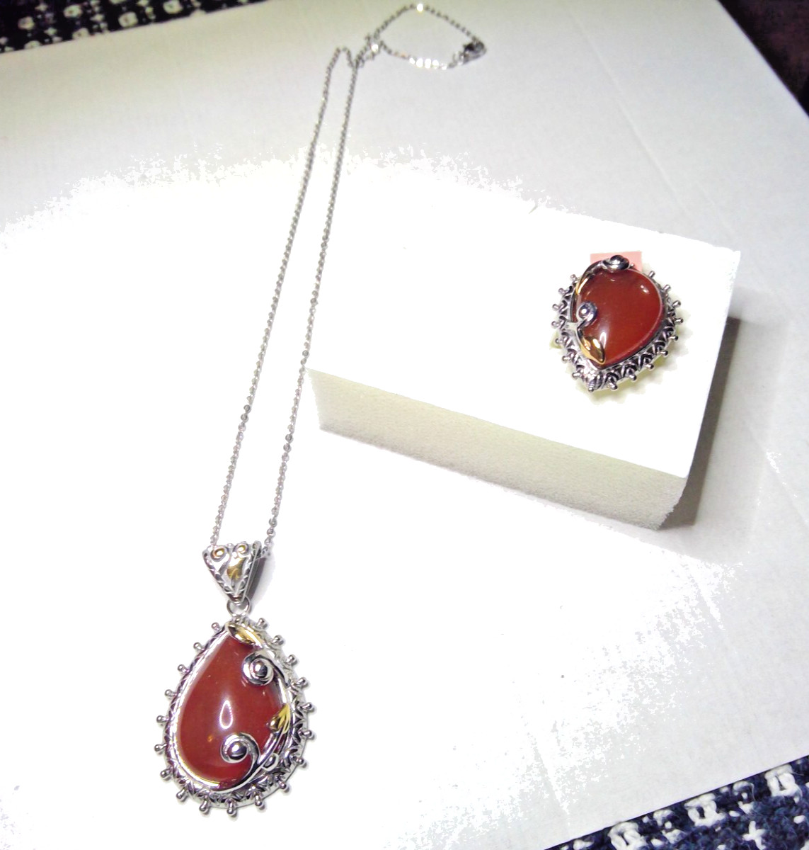Carnelian Necklace and Ring Sz 6 in Stainless Steel