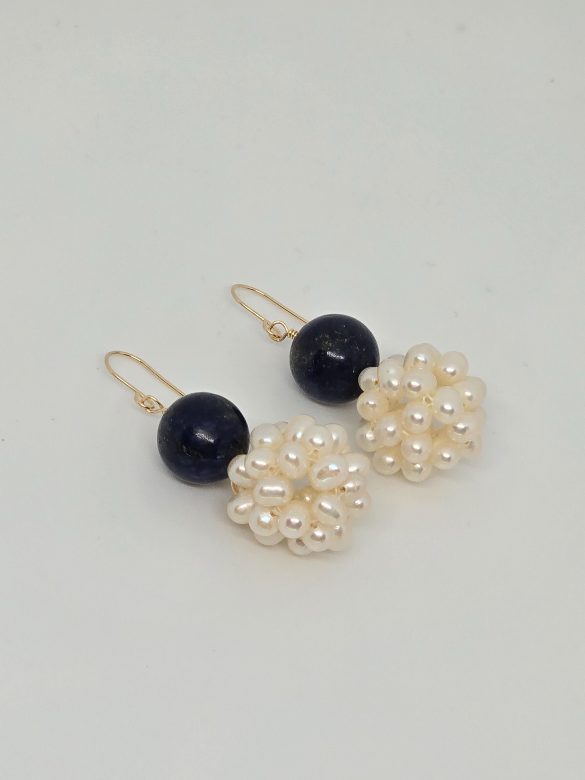 Lapis Lazuli and White Pearl Dangle Earrings 14k Yellow Gold or Sterling Silver