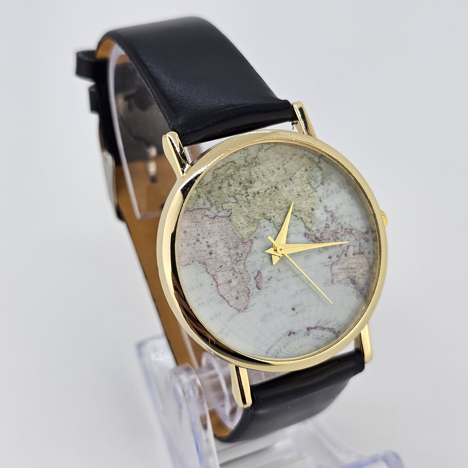 Unisex World Map Watch 38MM Multicolor Dial Black Faux Leather Bands New Battery