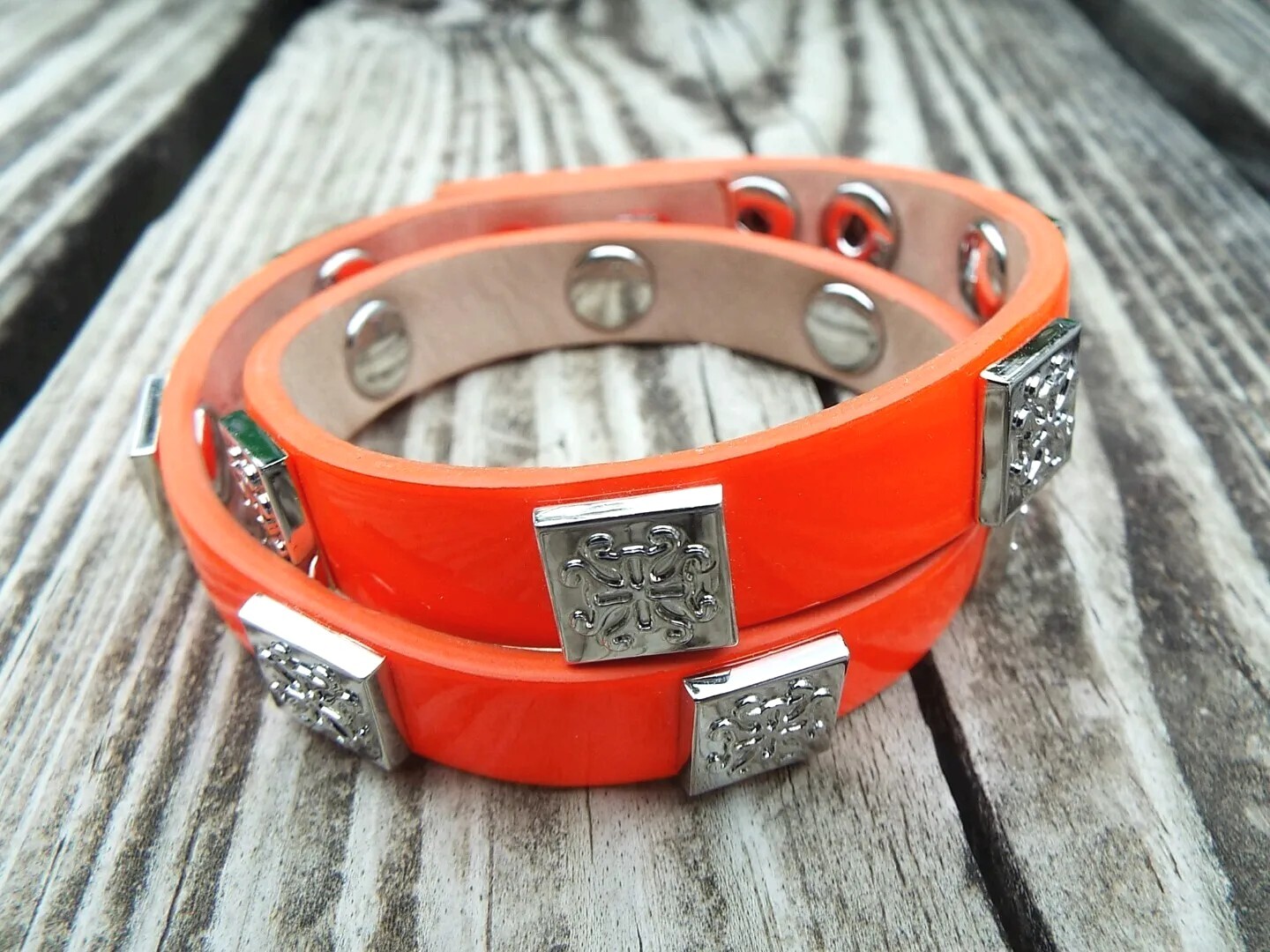 New Rustic Cuff Bracelet Neon Orange Leather Double Wrap Meagen Silver RC Logo