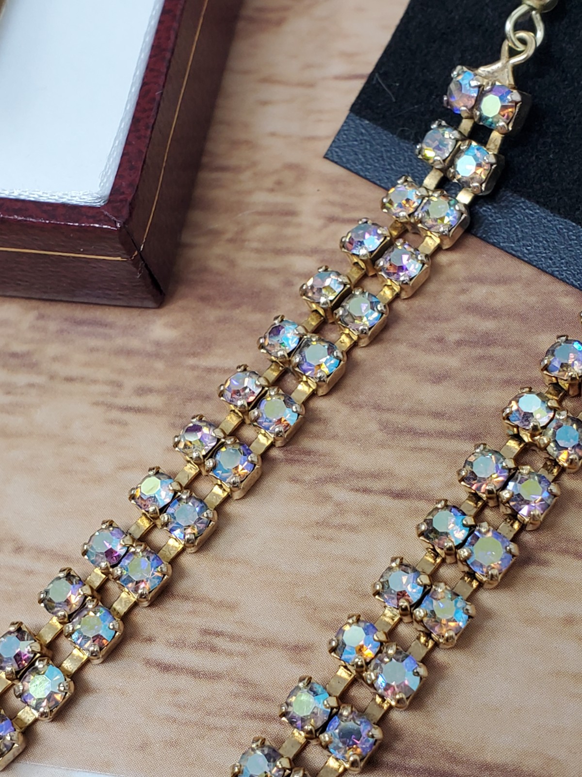 Signed Sherman Champagne Aurora Borealis Bracelet and Matching Earrings