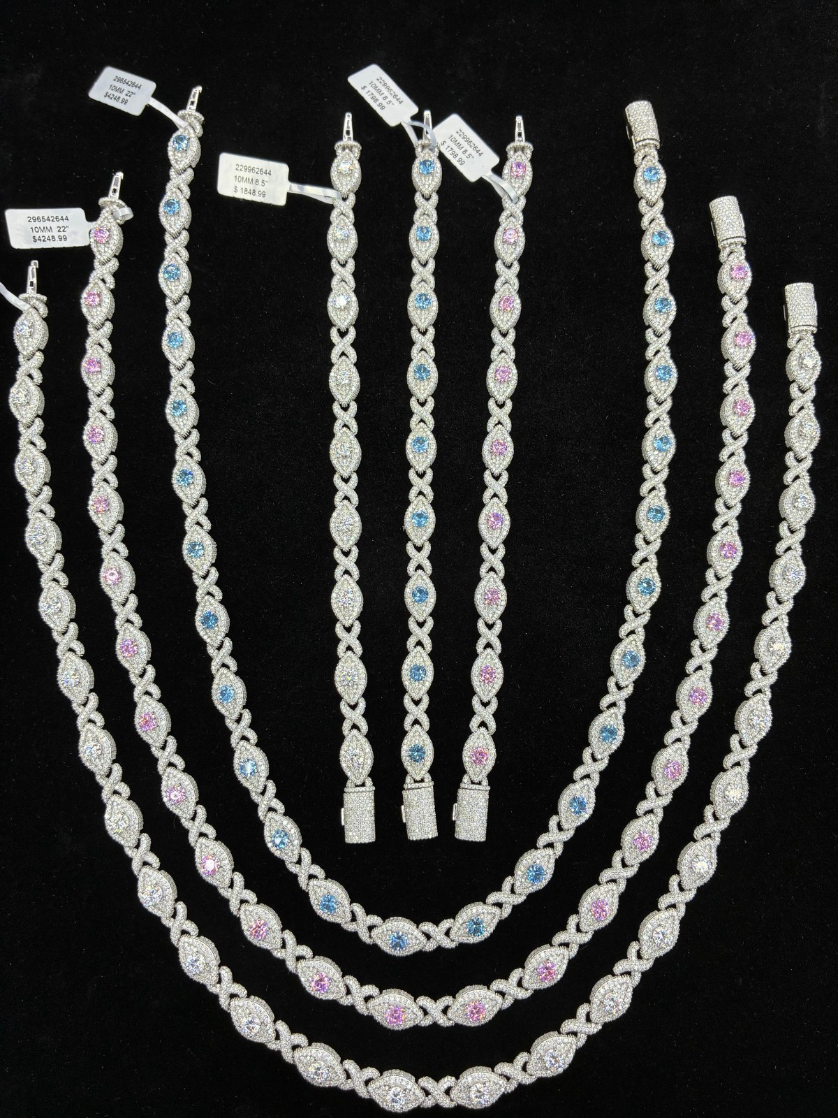 VVS Moissanite 10mm Iced Out Fancy Eye Infinity Link Chain Set 925 Silver