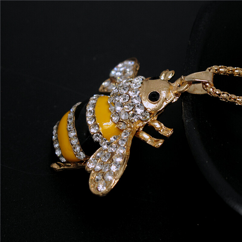 New Fashion Women Yellow Enamel Cute Bee Honey Crystal Pendant Chain Necklace