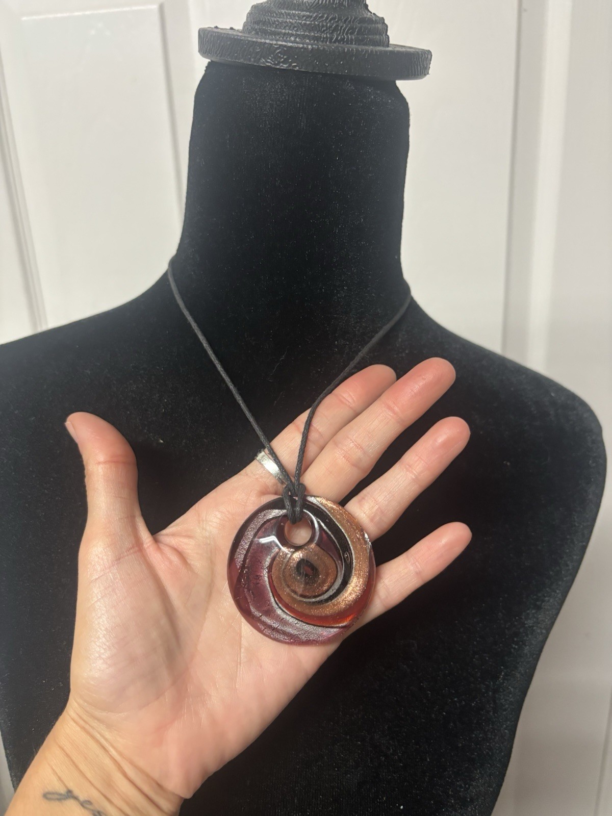 Vintage Art Glass Spiral Pendant Necklace Adjustable Cord Murano Style Statement