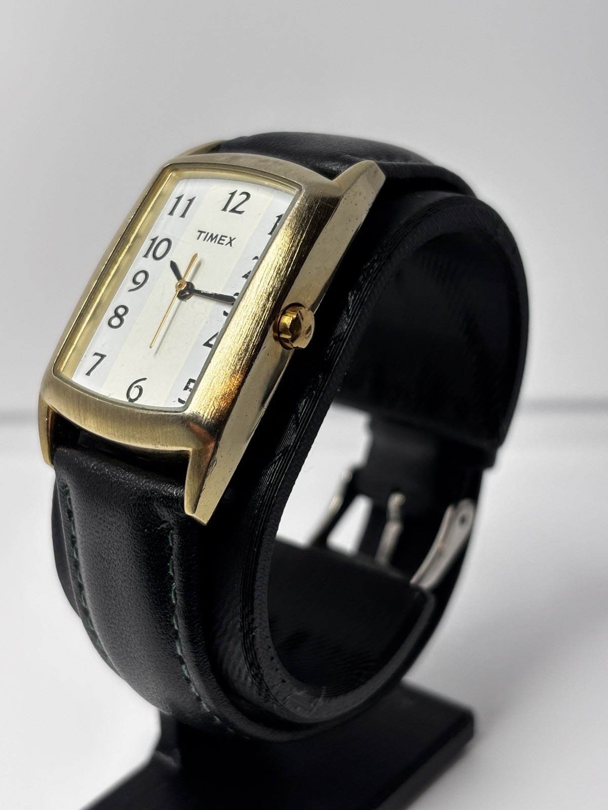 Timex Rectangular Dress Quartz Watch White Dial Gold Tone Case Black Leather