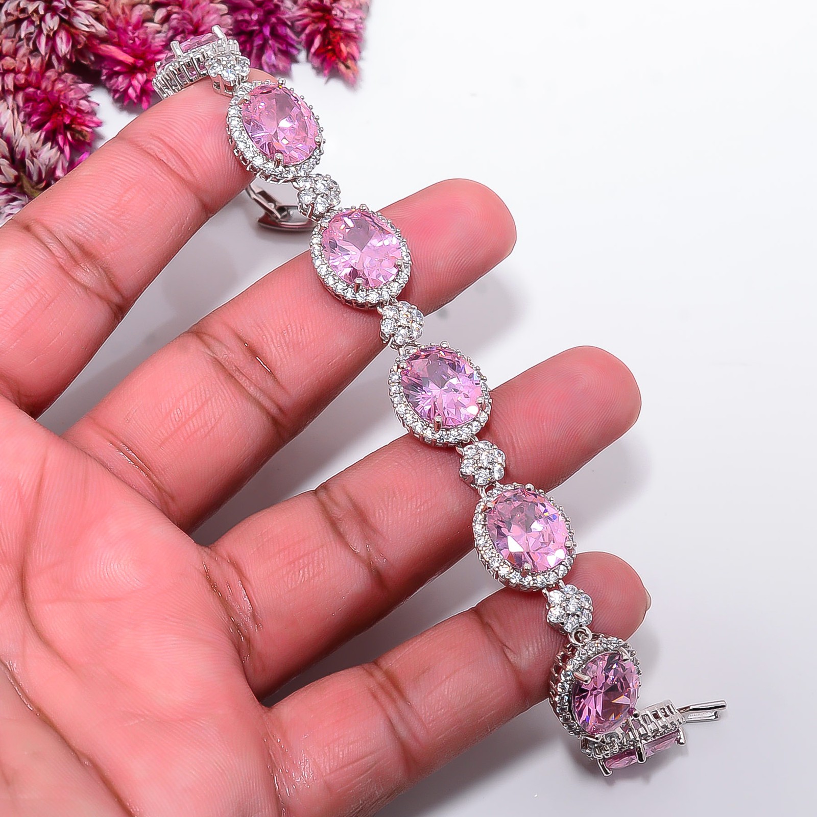 Pink Sapphire -Simulated, CZ 925 Sterling Silver Adjustable Bracelet 7-8″ B3242