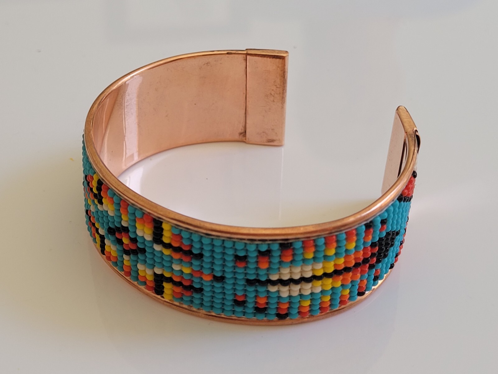 Native American Style Copper Seed Beaded Adjustable Bracelet Cuff Blue Feather