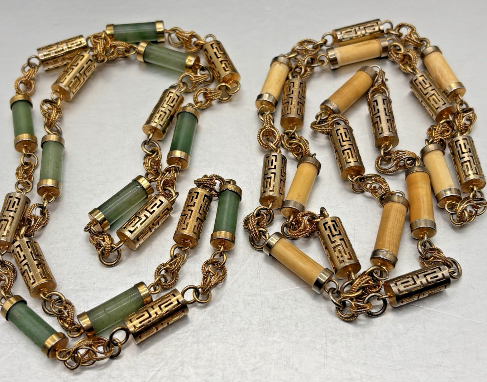 Pair Chinoiserie Style Gold Tone Jade Necklaces Ornate 29” Philippine