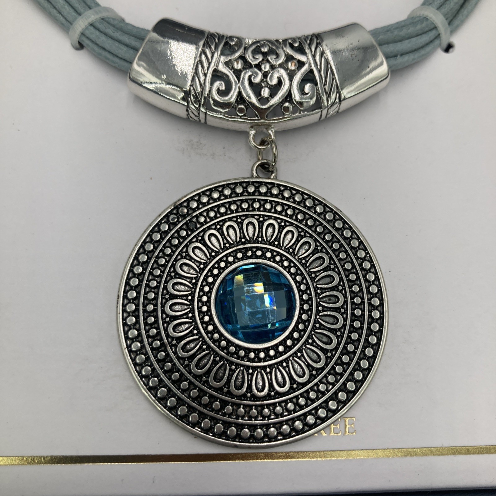 Statement Necklace Silver Tone Medallion Pendant Blue Faux Gem Cord New in Box