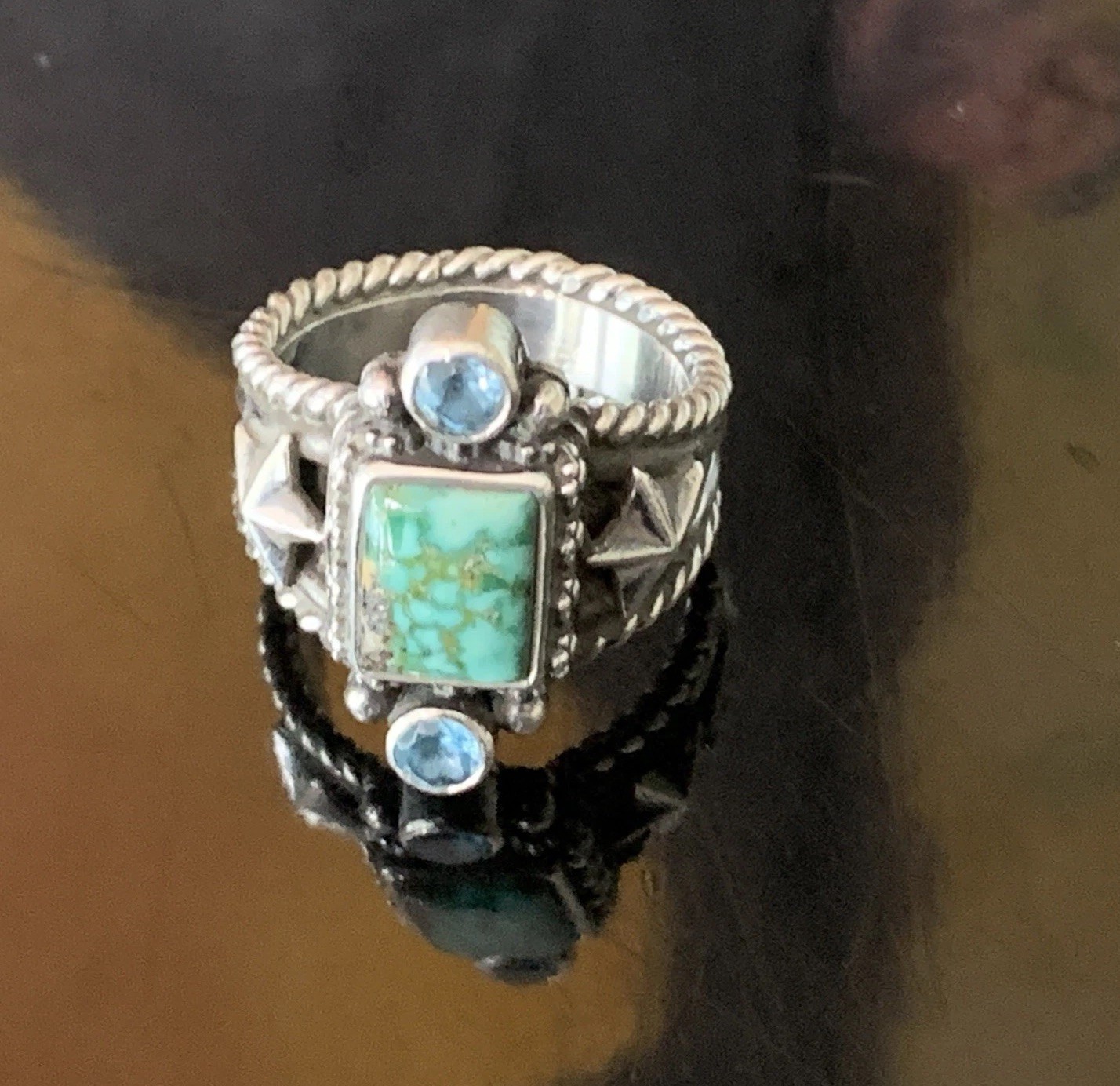 Artist Mona Van Riper Turquoise & Topaz Sterling Silver Ring Southwestern Ring