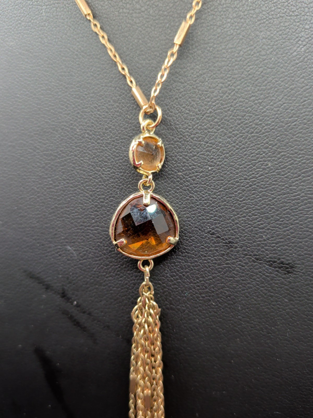 Long Gold Tassel Pendant Necklace Station Chain Bar Link Fringe Bezel Crystal
