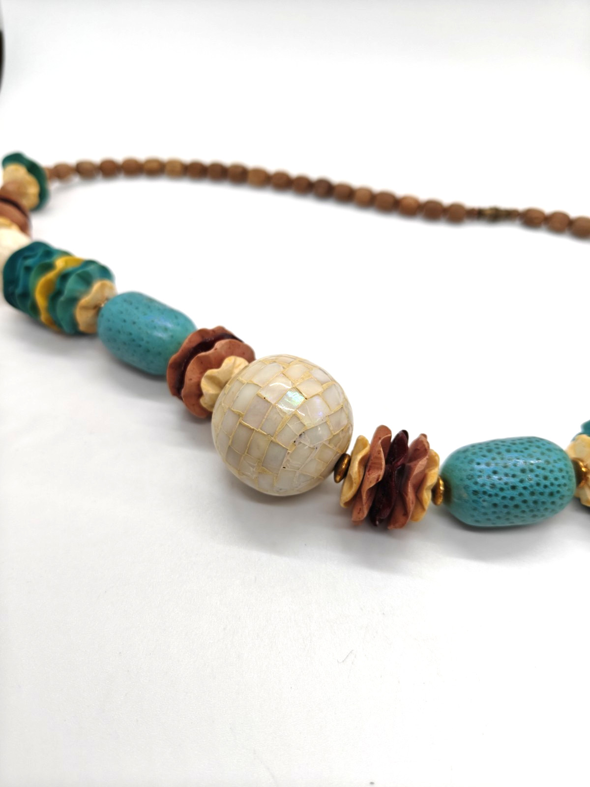 Wooden Boho Necklace Mother Of Pearl Bead Blue Yellow Pink Brown Colorful