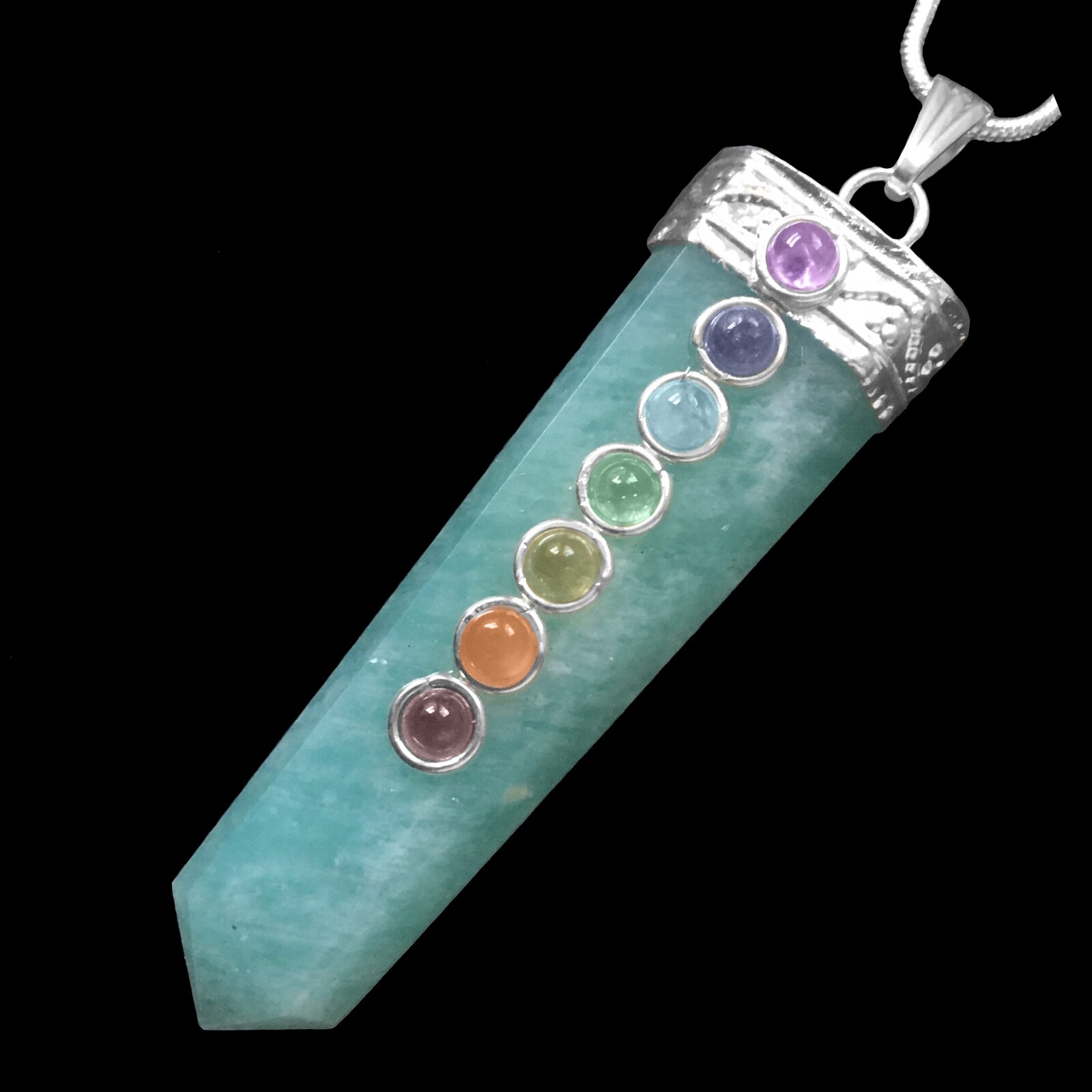 Amazonite Crystal Chakra Pendant LARGE Sterling Silver Point Necklace CHARGED