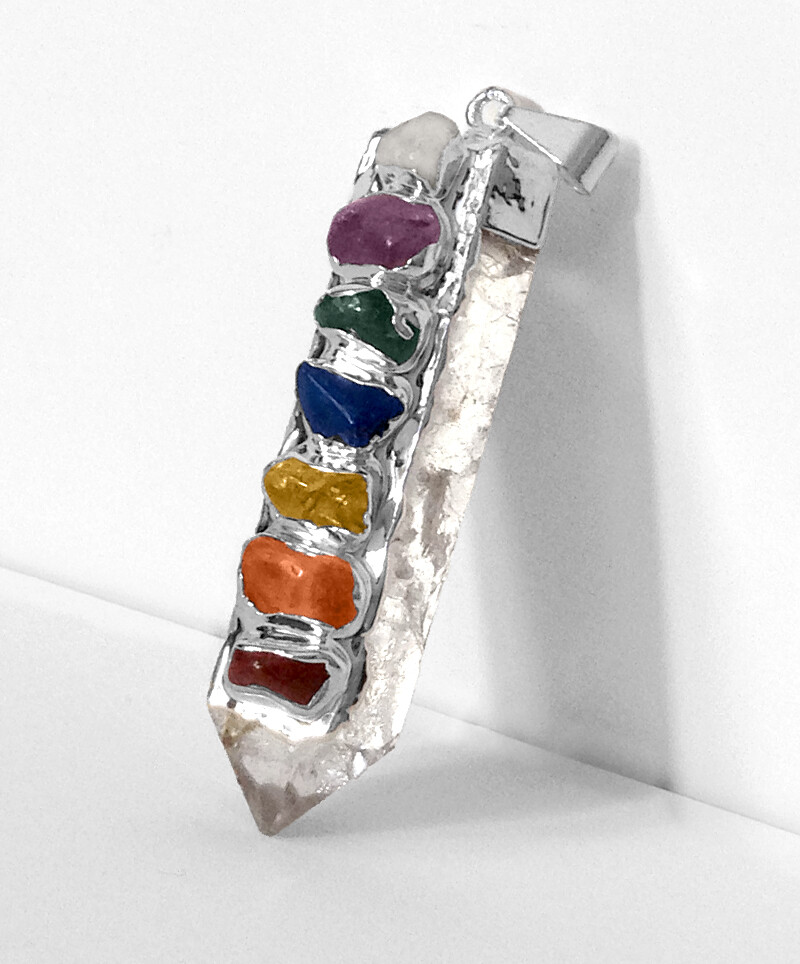 FuNkY Quartz Crystal Point 7 Chakra Pendant Sterling Silver Necklace CHARGED Hea