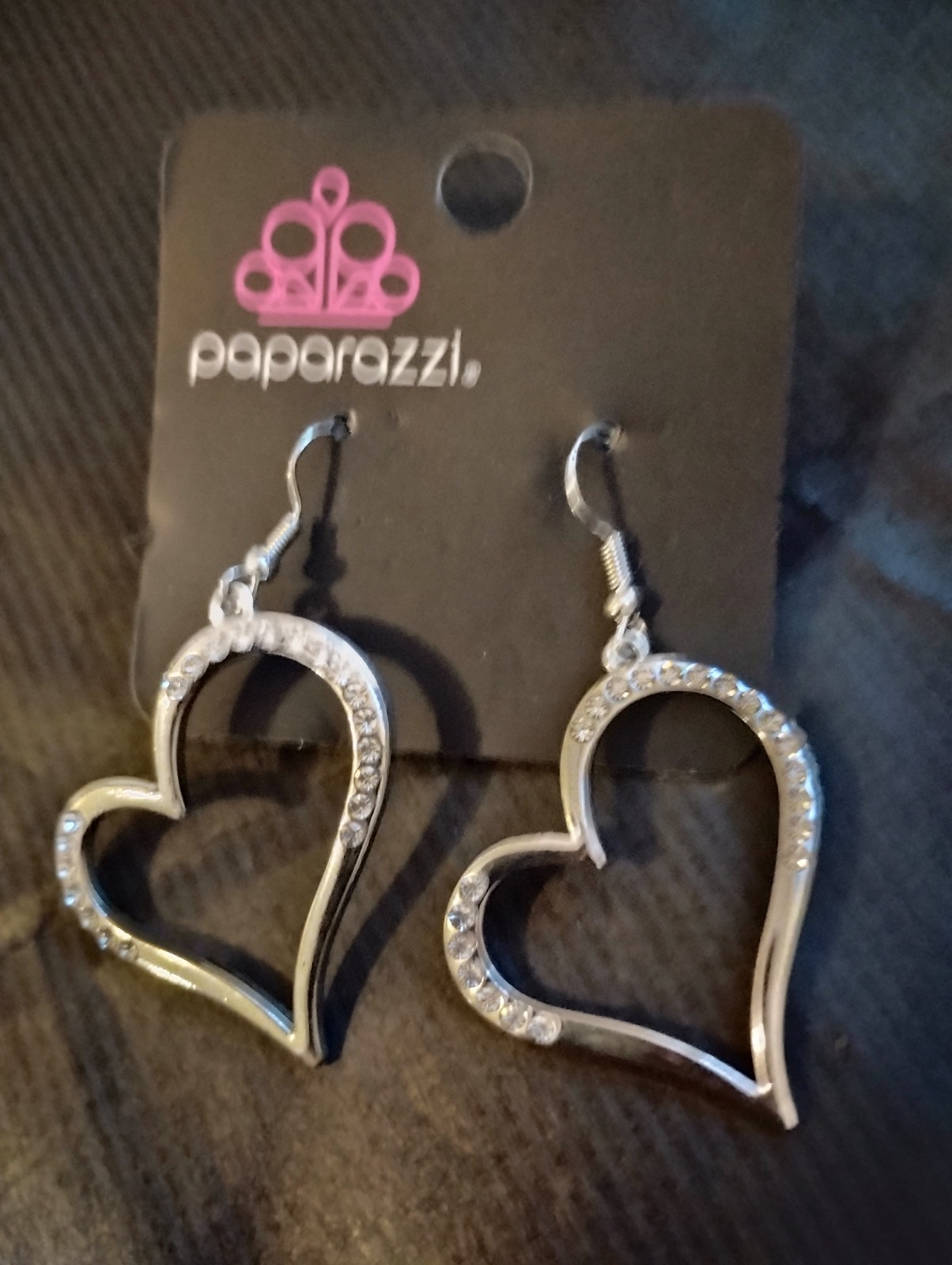 Paparazzi Silver Tone Heart Love Clear Simulated Rhinestone Dangle Hook Earrings